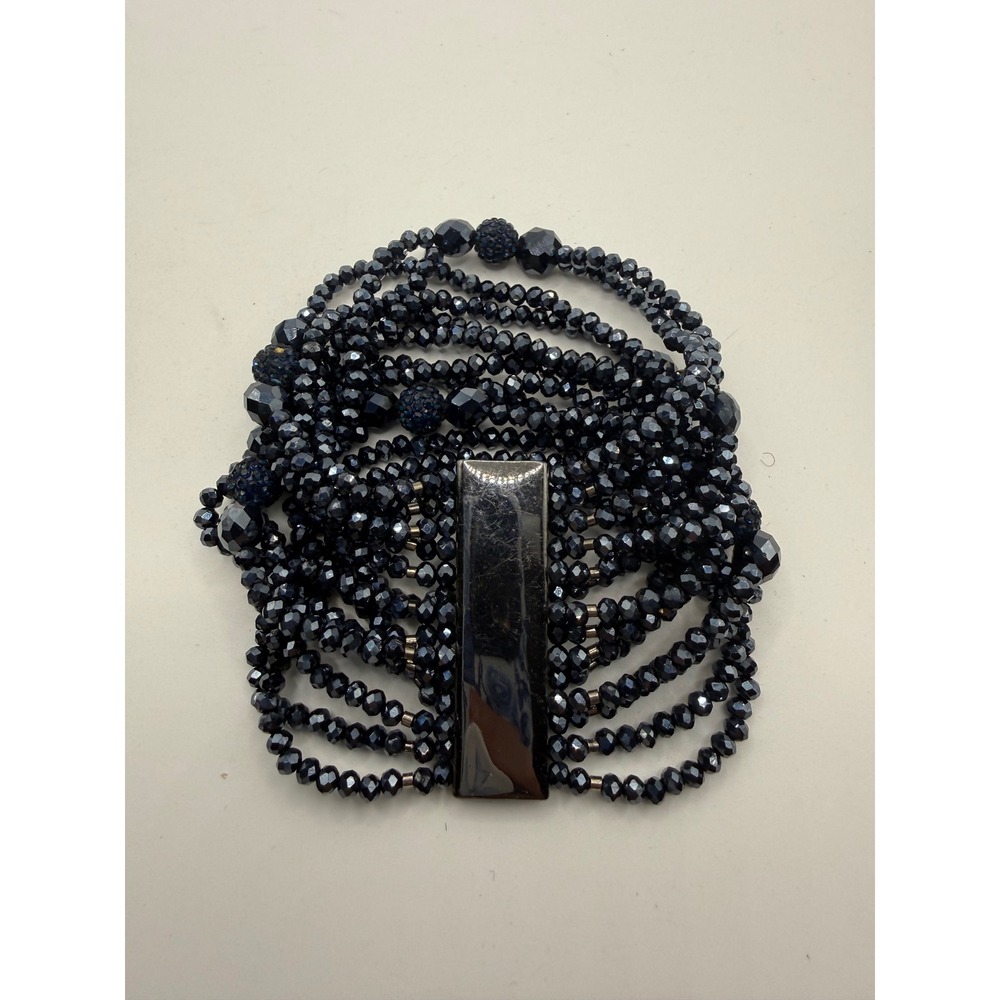Navy Blue Multi Strand Beaded Stretch Bracelet Gunmetal Magnetic Clasp 10 Row